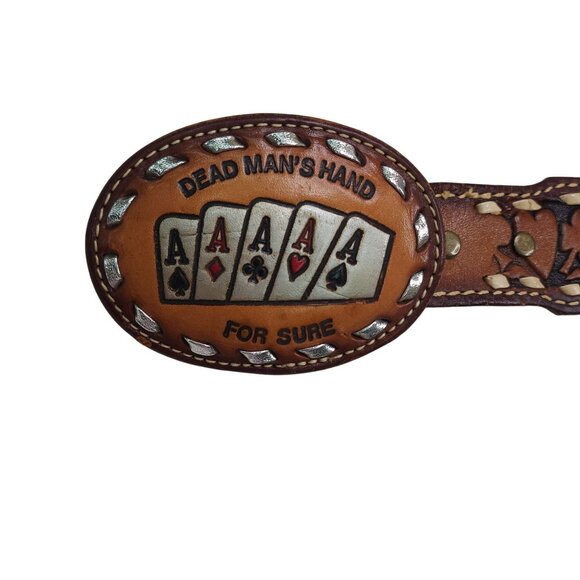 Vintage Western Leather Belt Size Small Dead Mans Hand Buckle & "Barbie" Engravi - Picture 8 of 12